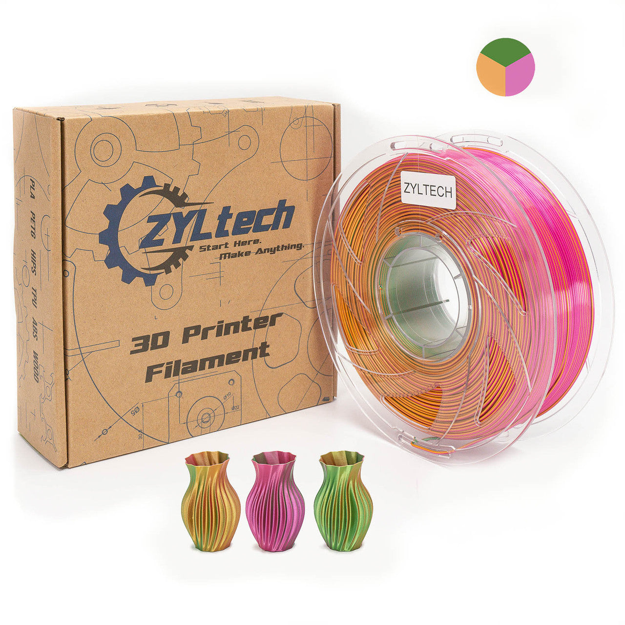 Zyltech Tri-Color Silk Series 3D Printer Filament 1.75mm 1 kg 2.2 lbs